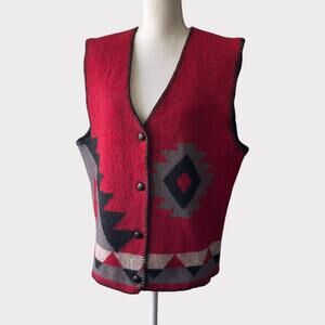 Nanook Wool Vest Aztec Southwestern V Neck Button Closure Red Grey Size Large